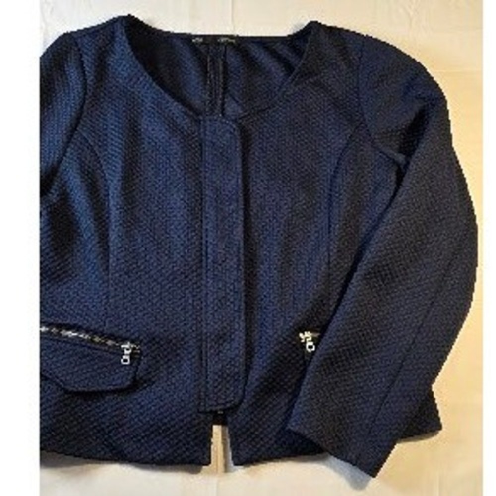 Maurices Navy Blue Textured Knit Blazer Jacket XL Snap Zip Front Collarless